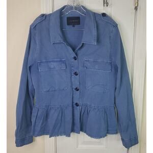 Lucky Brand Blue Peplum Utility Jacket Shirt Sz Large Ruffle Hem Linen Blend